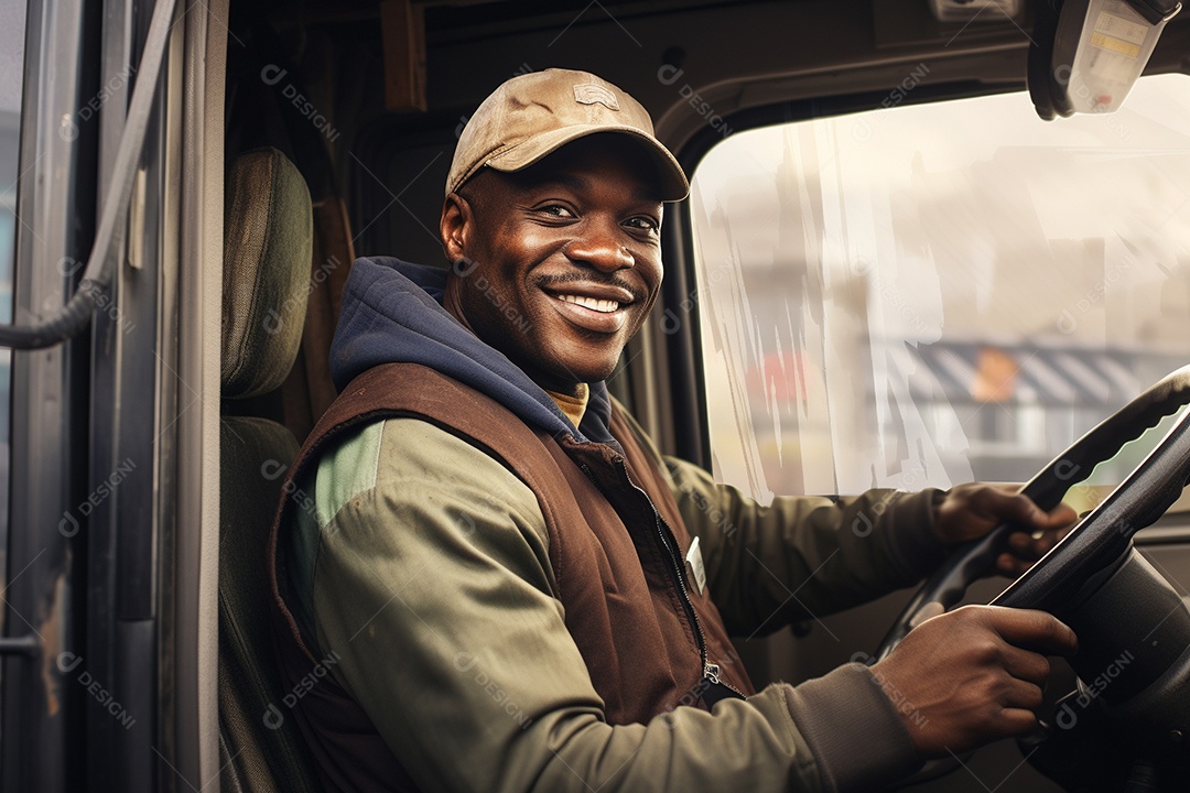 Motorista de carga sorridente com caminhão