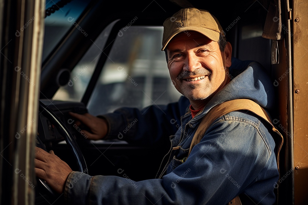 Motorista de carga sorridente com caminhão