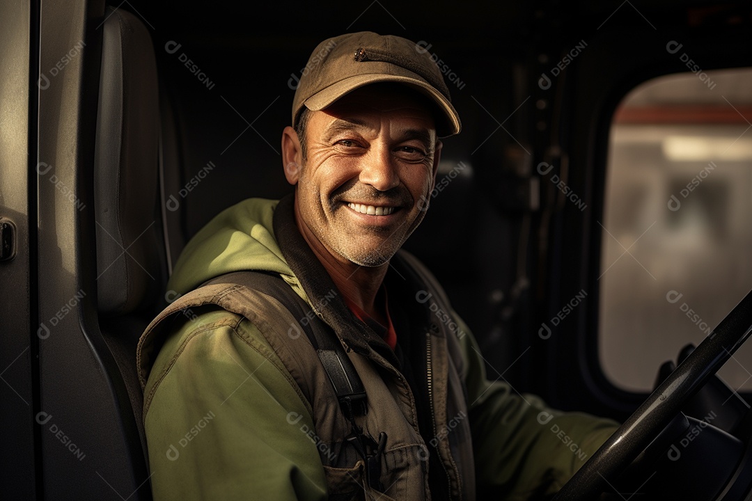 Motorista de carga sorridente com caminhão