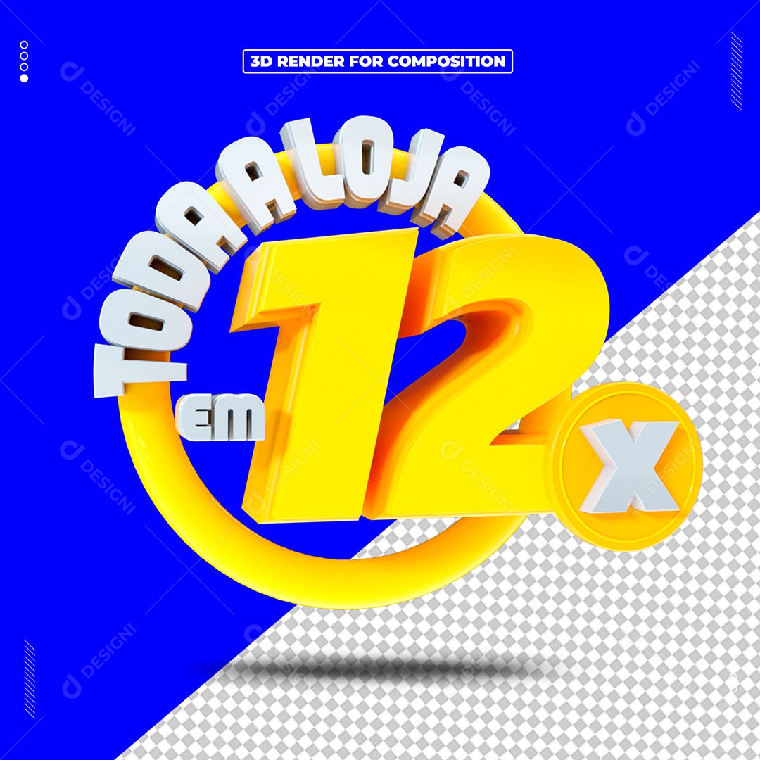 Toda a Loja em 12X Selo 3D Branco Amarelo Azul para Composição PSD