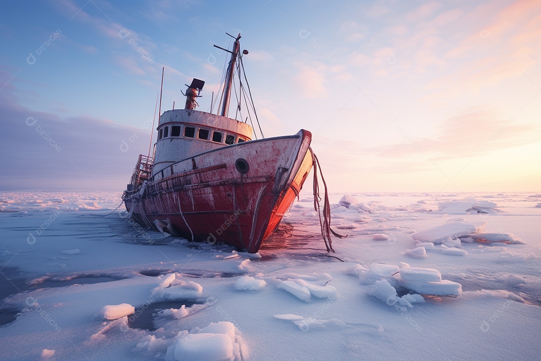 Um navio encalhado preso em gelo congelado