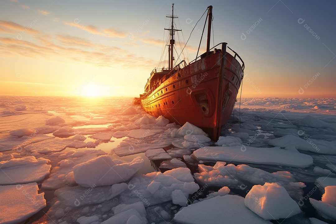 Um navio encalhado preso em gelo congelado