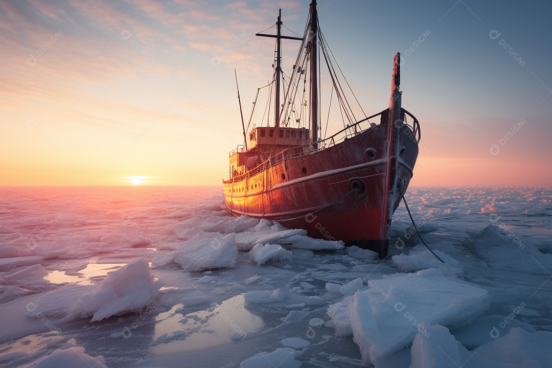 Um navio encalhado preso em gelo congelado