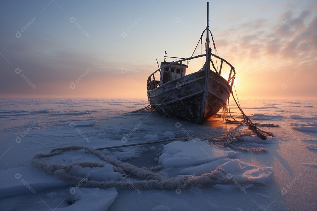 Um navio encalhado preso em gelo congelado