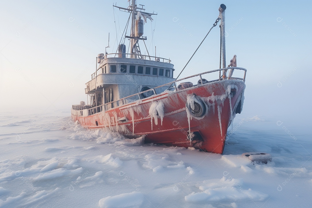 Um navio encalhado preso em gelo congelado