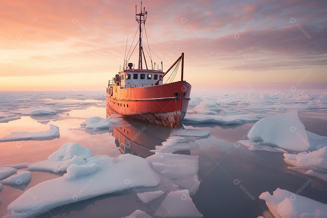 Um navio encalhado preso em gelo congelado