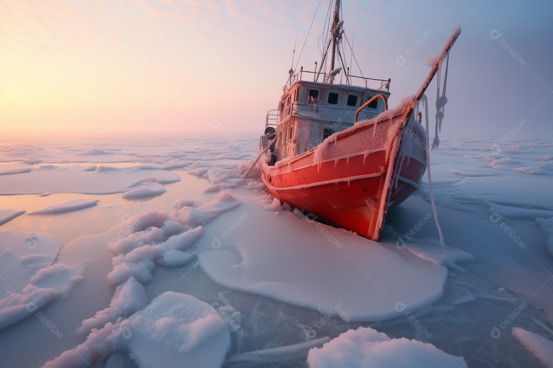 Um navio encalhado preso em gelo congelado