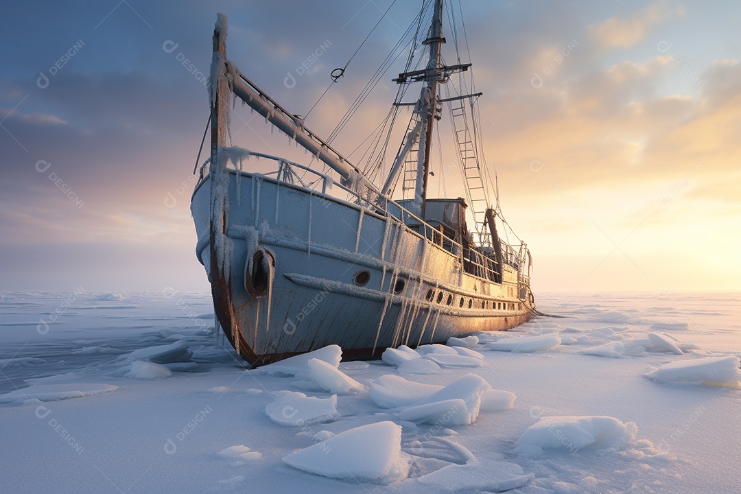 Um navio encalhado preso em gelo congelado
