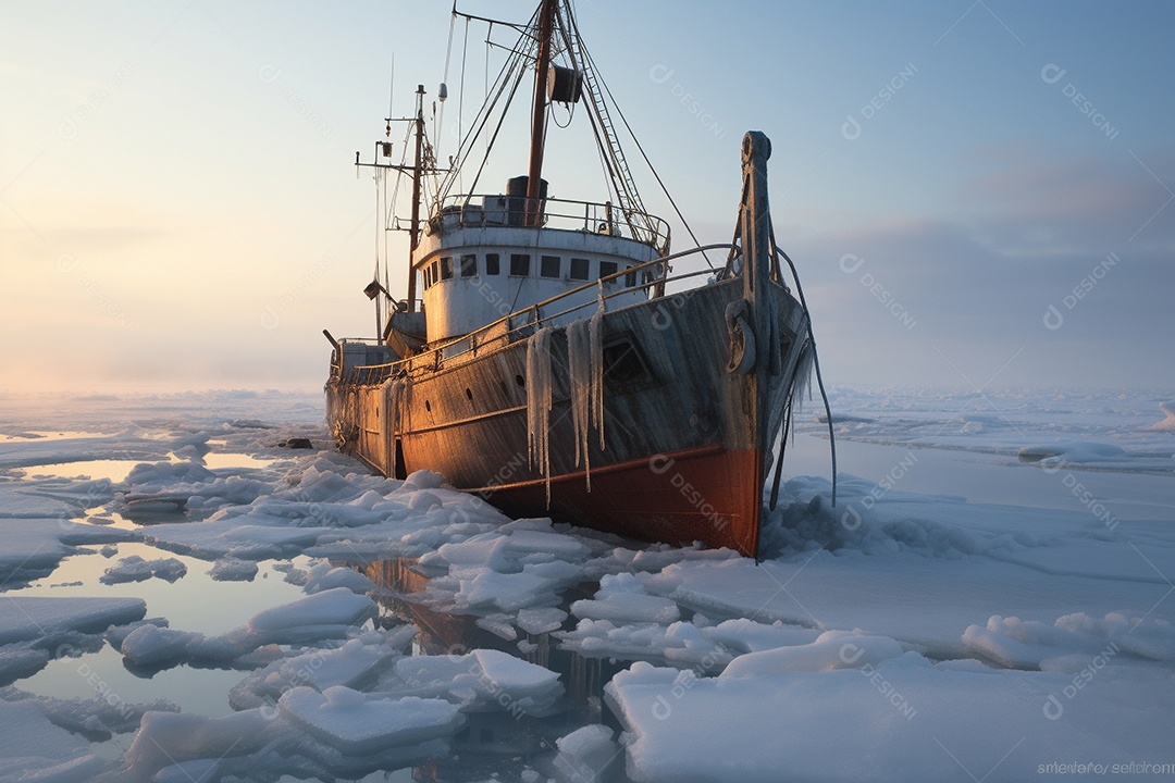 Um navio encalhado preso em gelo congelado