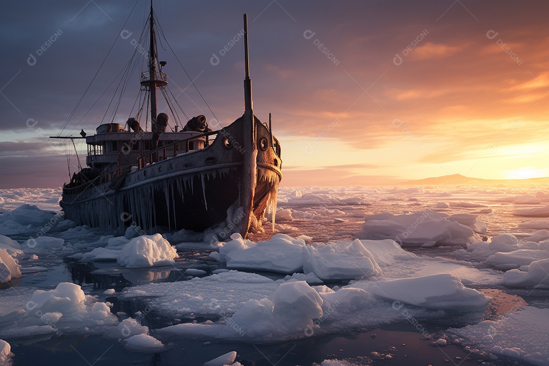Um navio encalhado preso em gelo congelado
