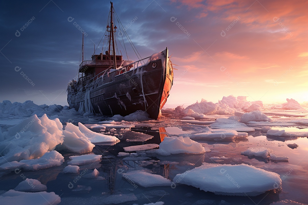 Um navio encalhado preso em gelo congelado