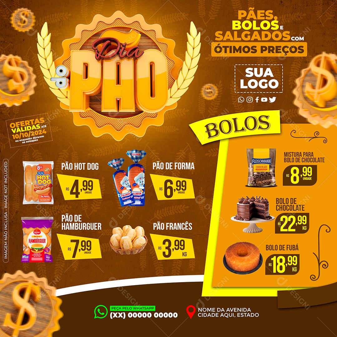 Dia do Pão Pães Bolos Salgados com Ótimos Preços Social Media PSD Editável