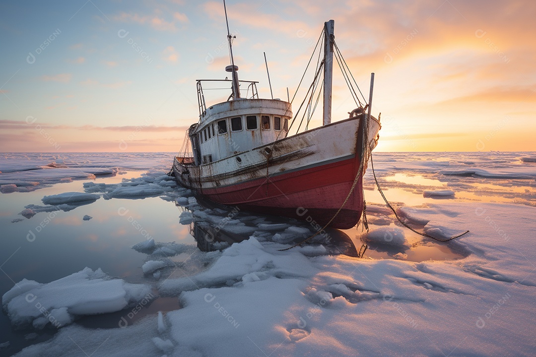 Um navio encalhado preso em gelo congelado