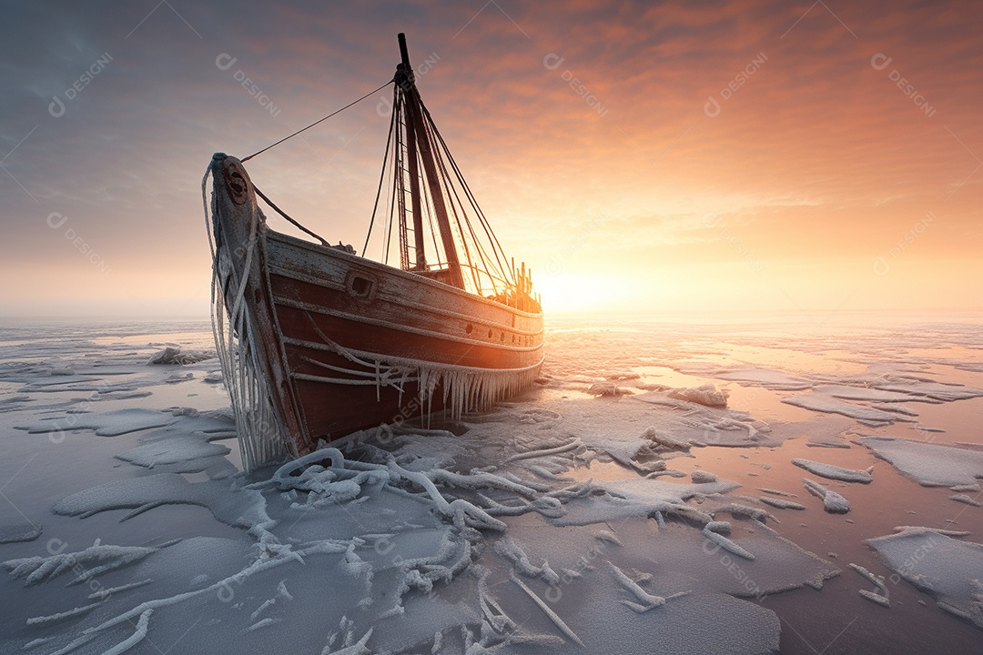 Um navio encalhado preso em gelo congelado