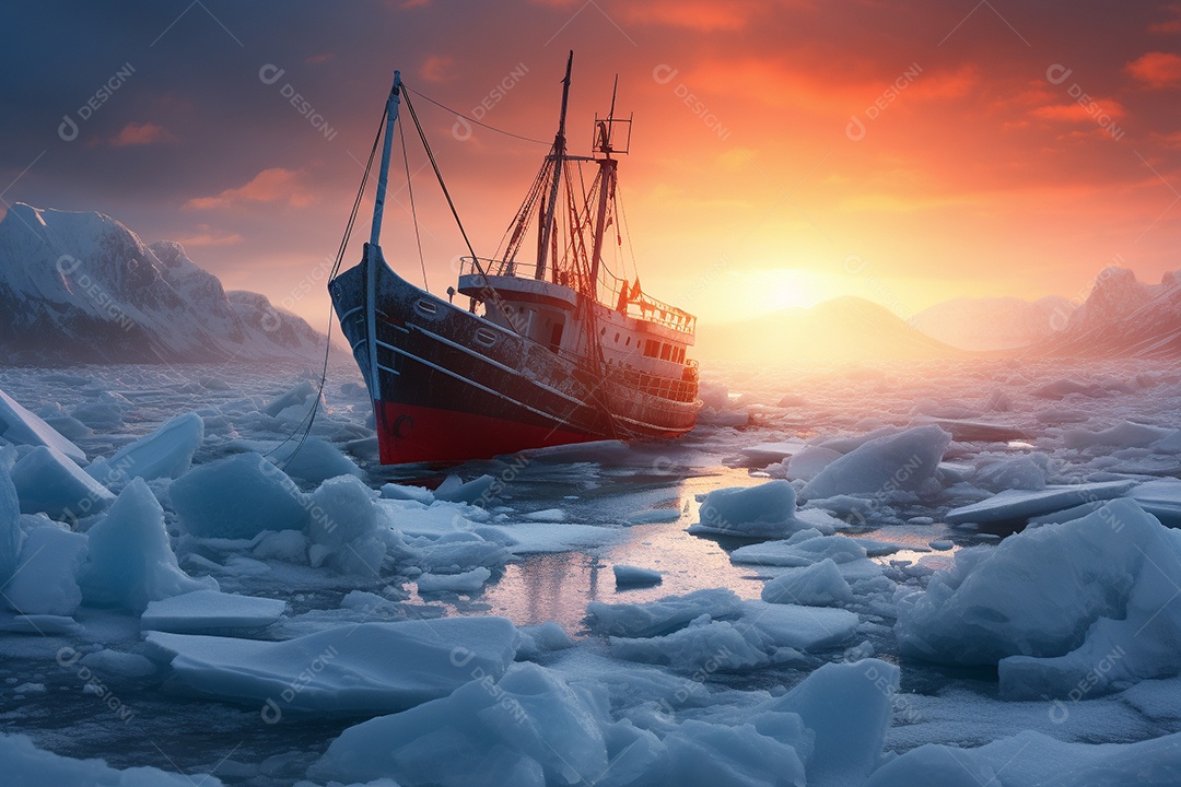 Um navio encalhado preso em gelo congelado