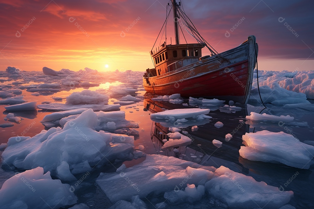 Um navio encalhado preso em gelo congelado