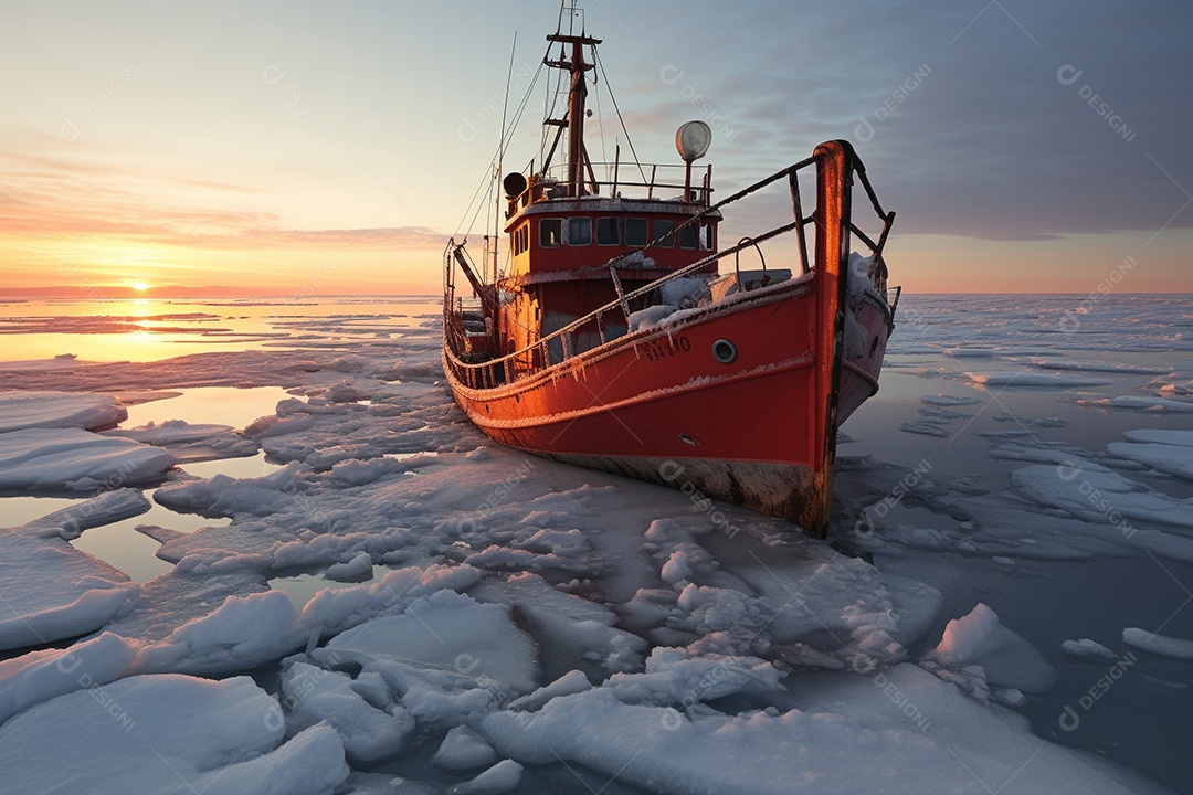 Um navio encalhado preso em gelo congelado