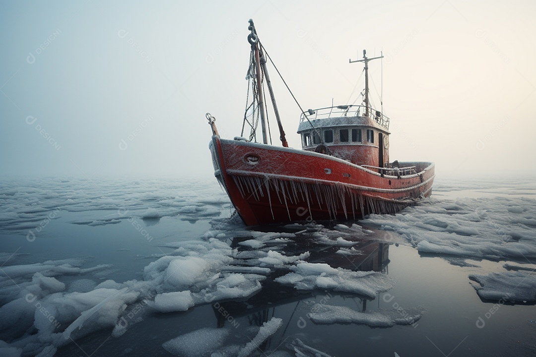 Um navio encalhado preso em gelo congelado
