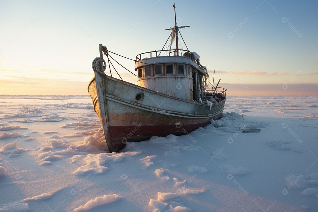 Um navio encalhado preso em gelo congelado