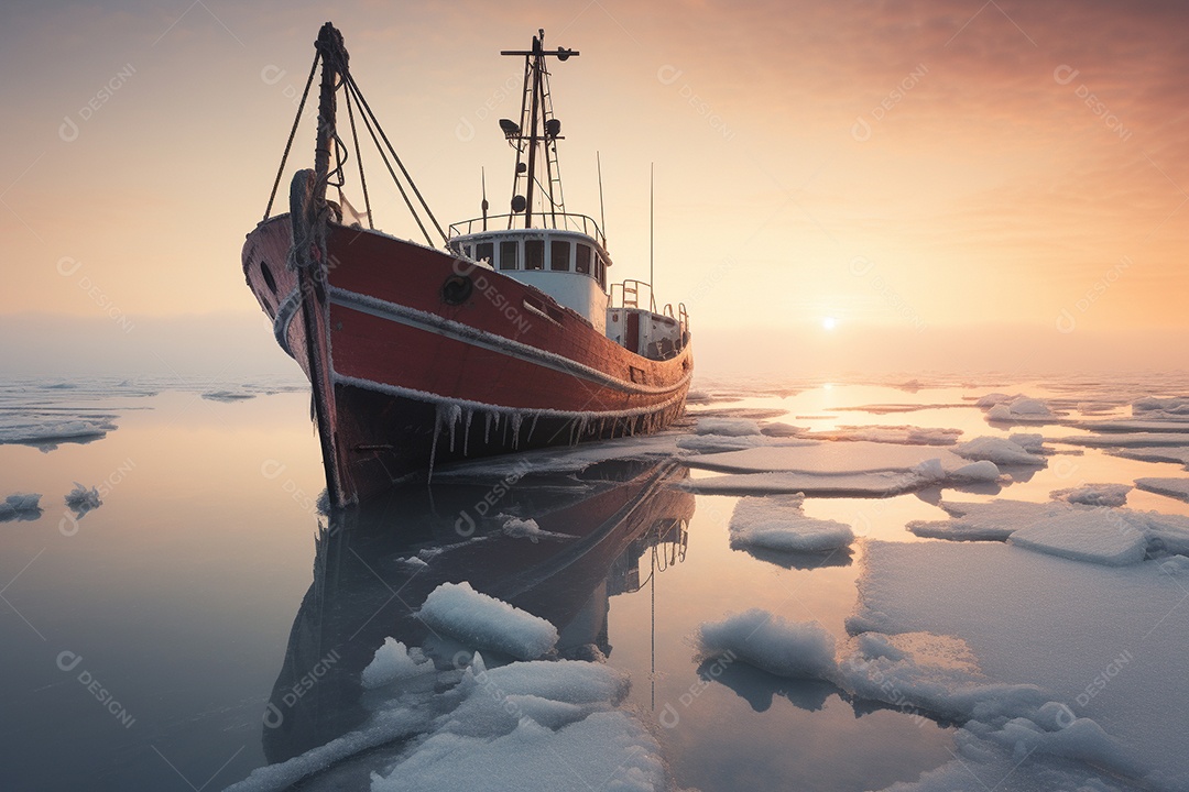 Um navio encalhado preso em gelo congelado