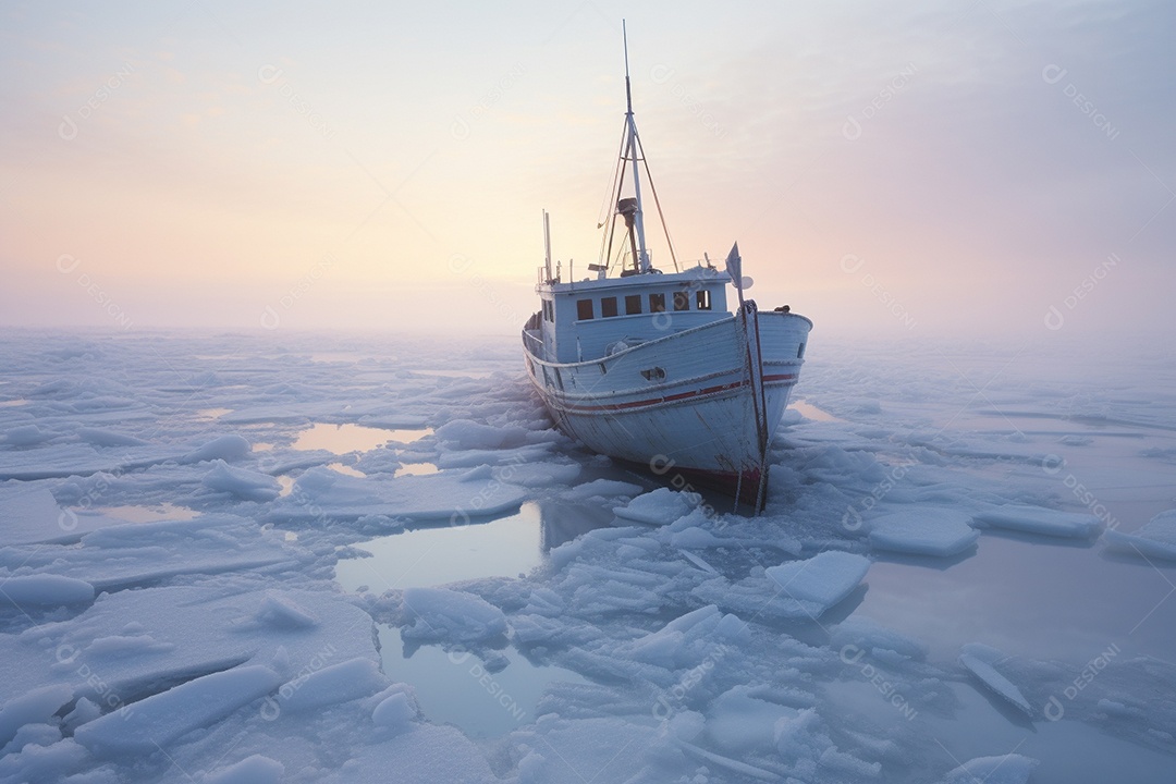 Um navio encalhado preso em gelo congelado