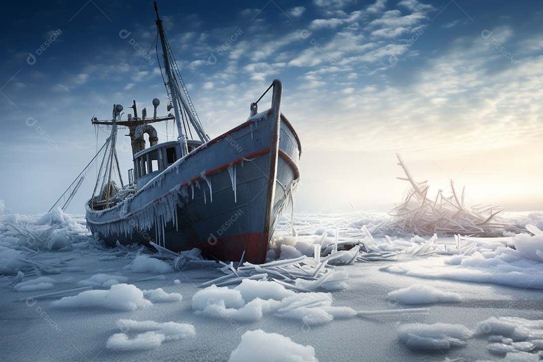 Um navio encalhado preso em gelo congelado