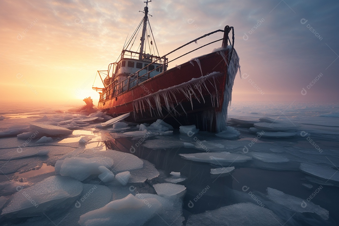 Um navio encalhado preso em gelo congelado