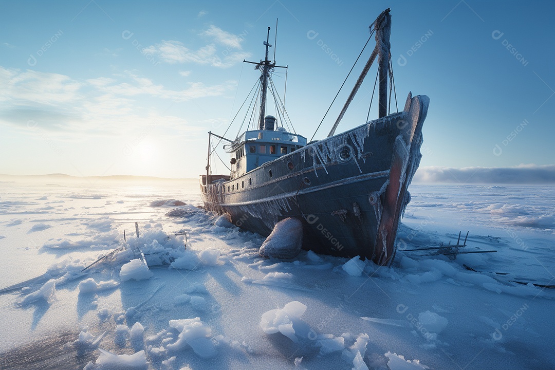 Um navio encalhado preso em gelo congelado