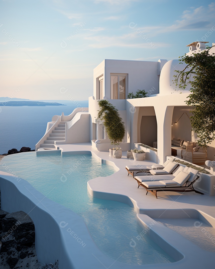 Projeto de casa do arquiteto Santorini Grécia com piscina externa