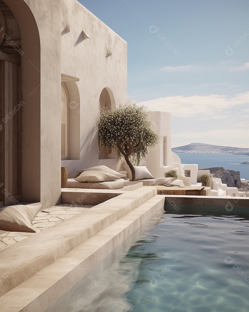 Projeto de casa do arquiteto Santorini Grécia com piscina externa