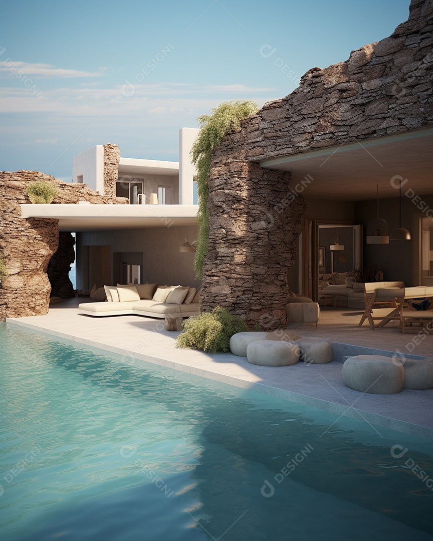 Projeto de casa do arquiteto Santorini Grécia com piscina externa