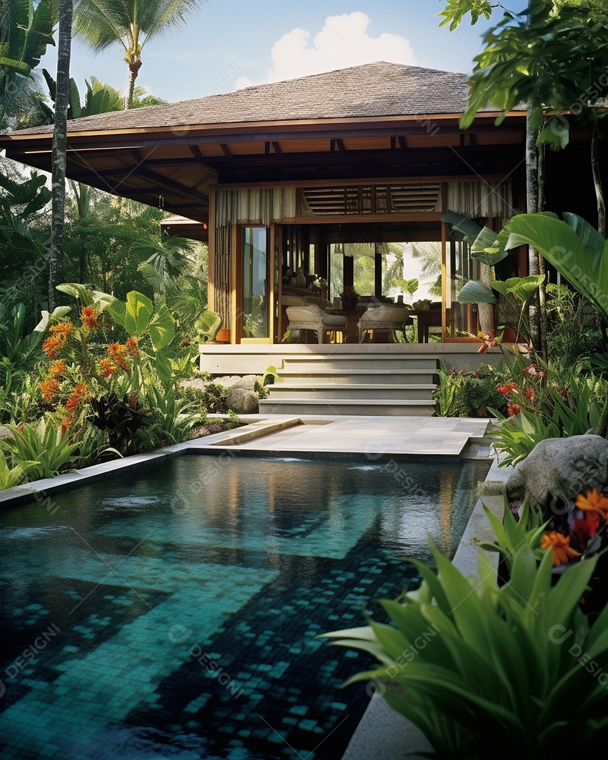 Projeto de casa do arquiteto Ilha Tropical com piscina ao ar livre