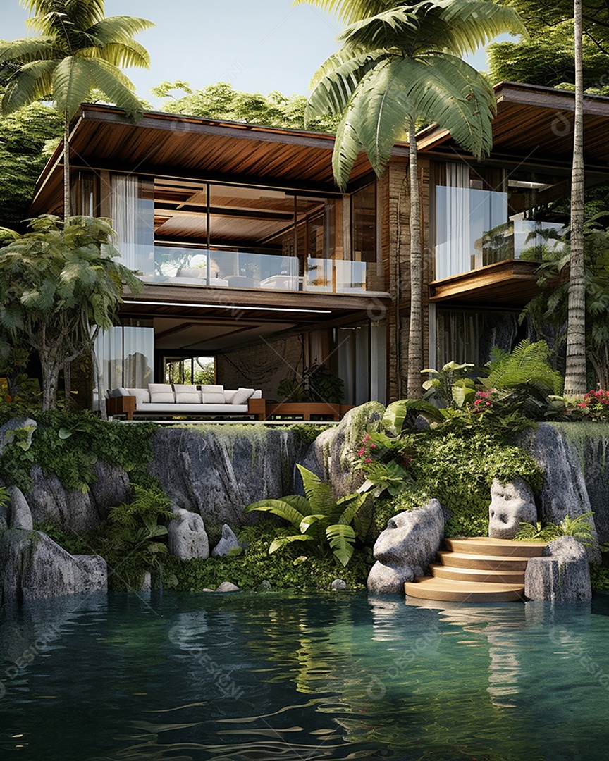 Projeto de casa do arquiteto Ilha Tropical com piscina ao ar livre