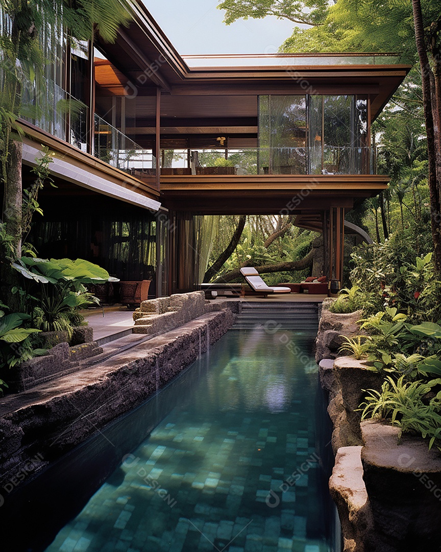 Projeto de casa do arquiteto Ilha Tropical com piscina ao ar livre