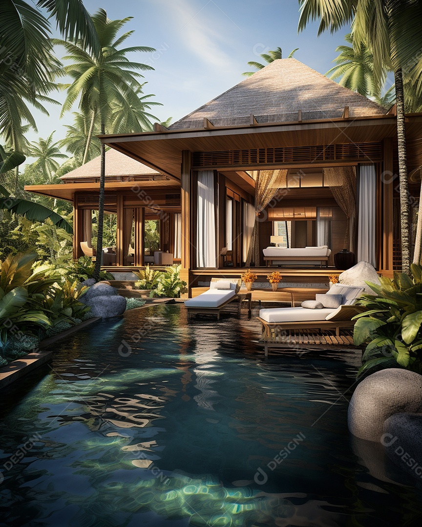 Projeto de casa do arquiteto Ilha Tropical com piscina ao ar livre