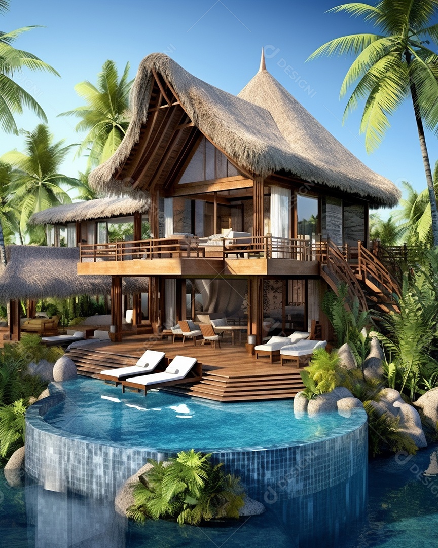 Projeto de casa do arquiteto Ilha Tropical com piscina ao ar livre