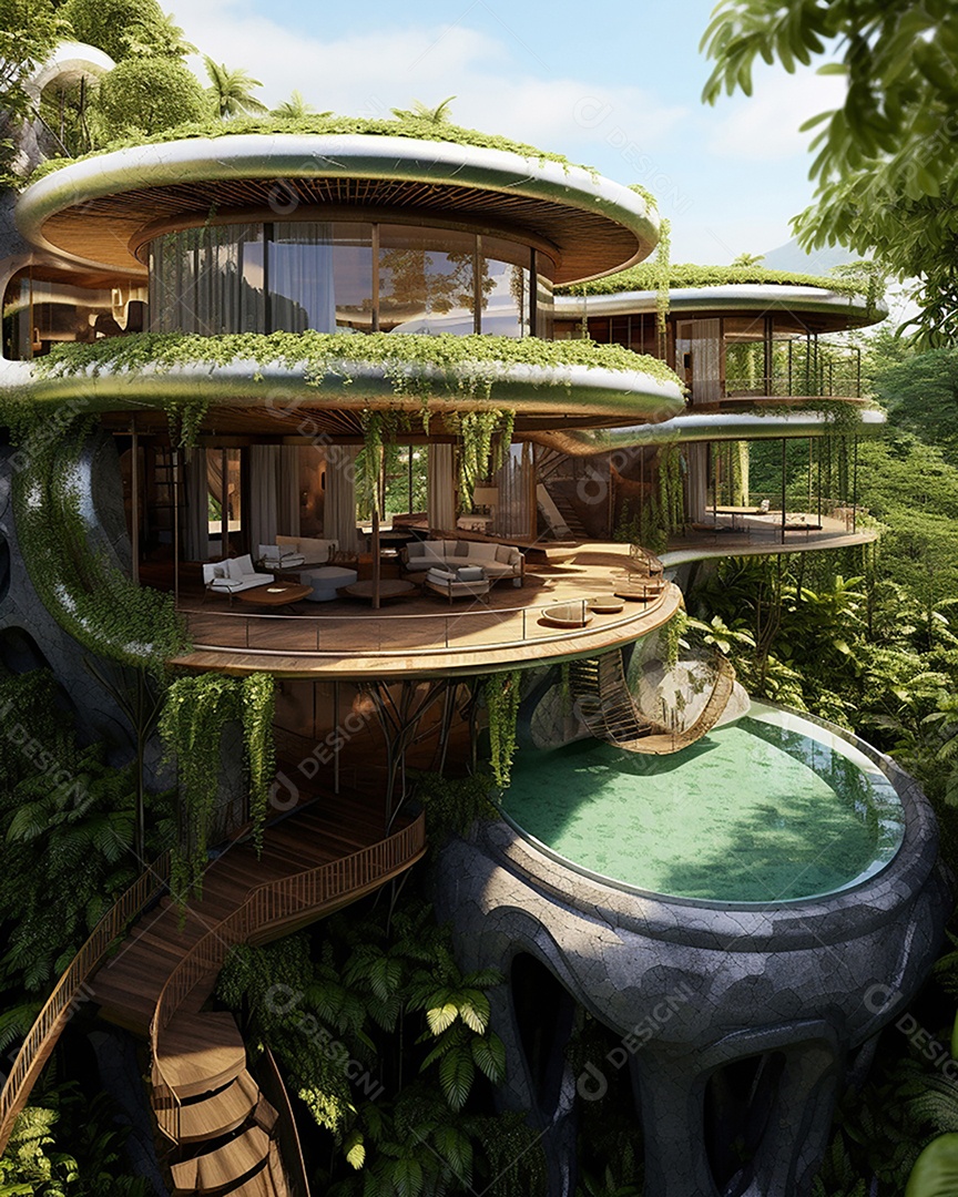 Projeto de casa do arquiteto Ilha Tropical com piscina ao ar livre