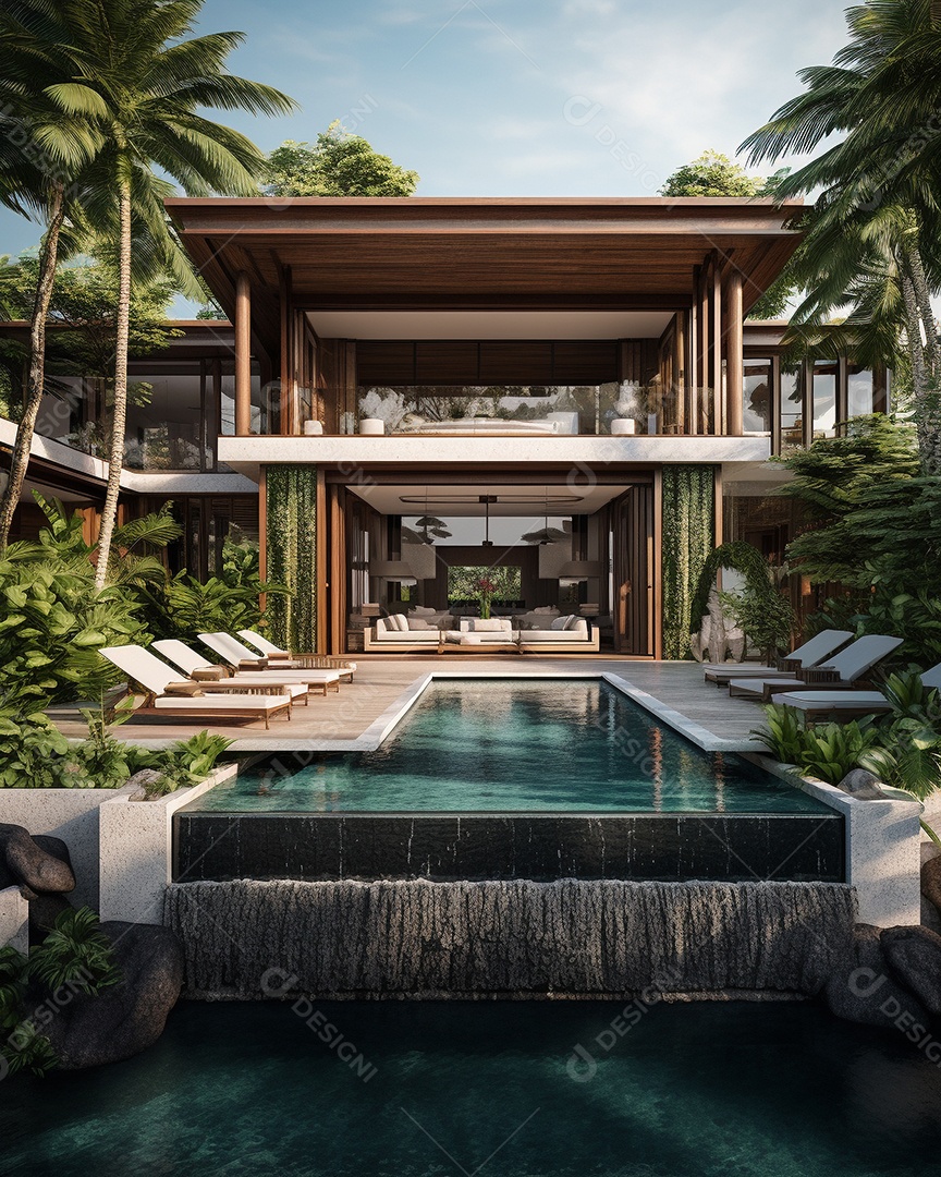 Projeto de casa do arquiteto Ilha Tropical com piscina ao ar livre