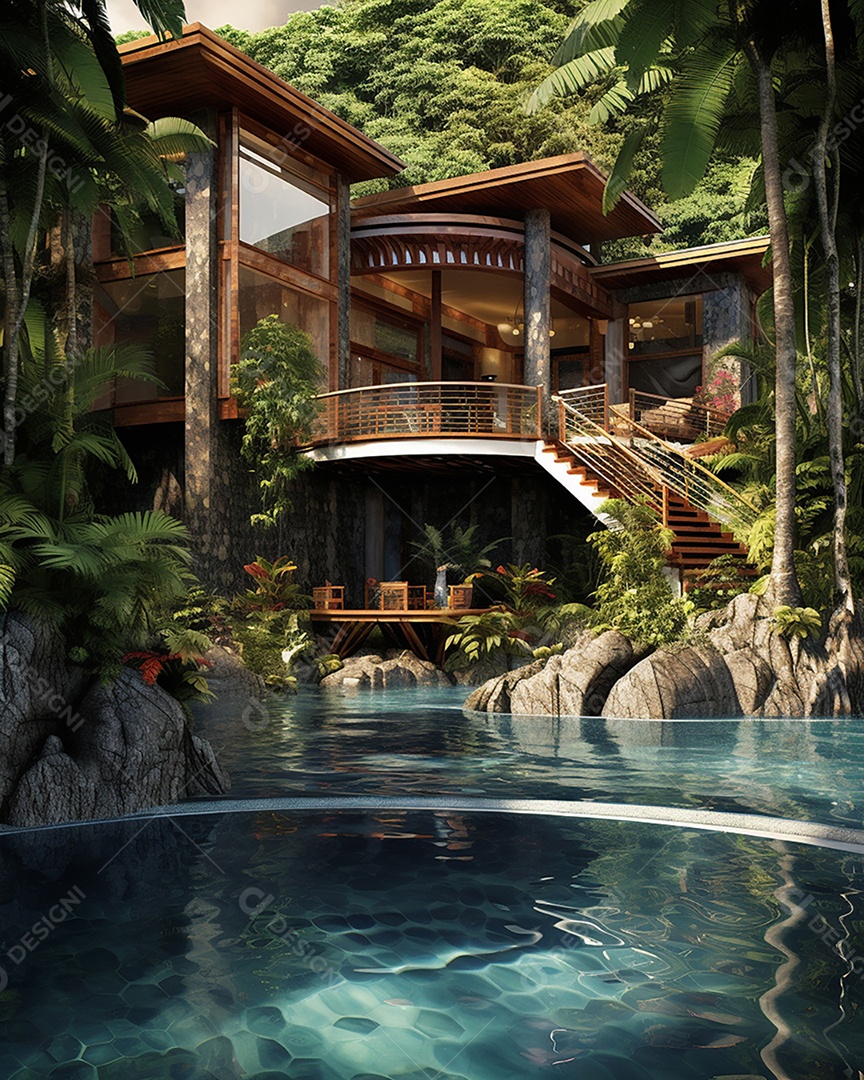 Projeto de casa do arquiteto Ilha Tropical com piscina ao ar livre