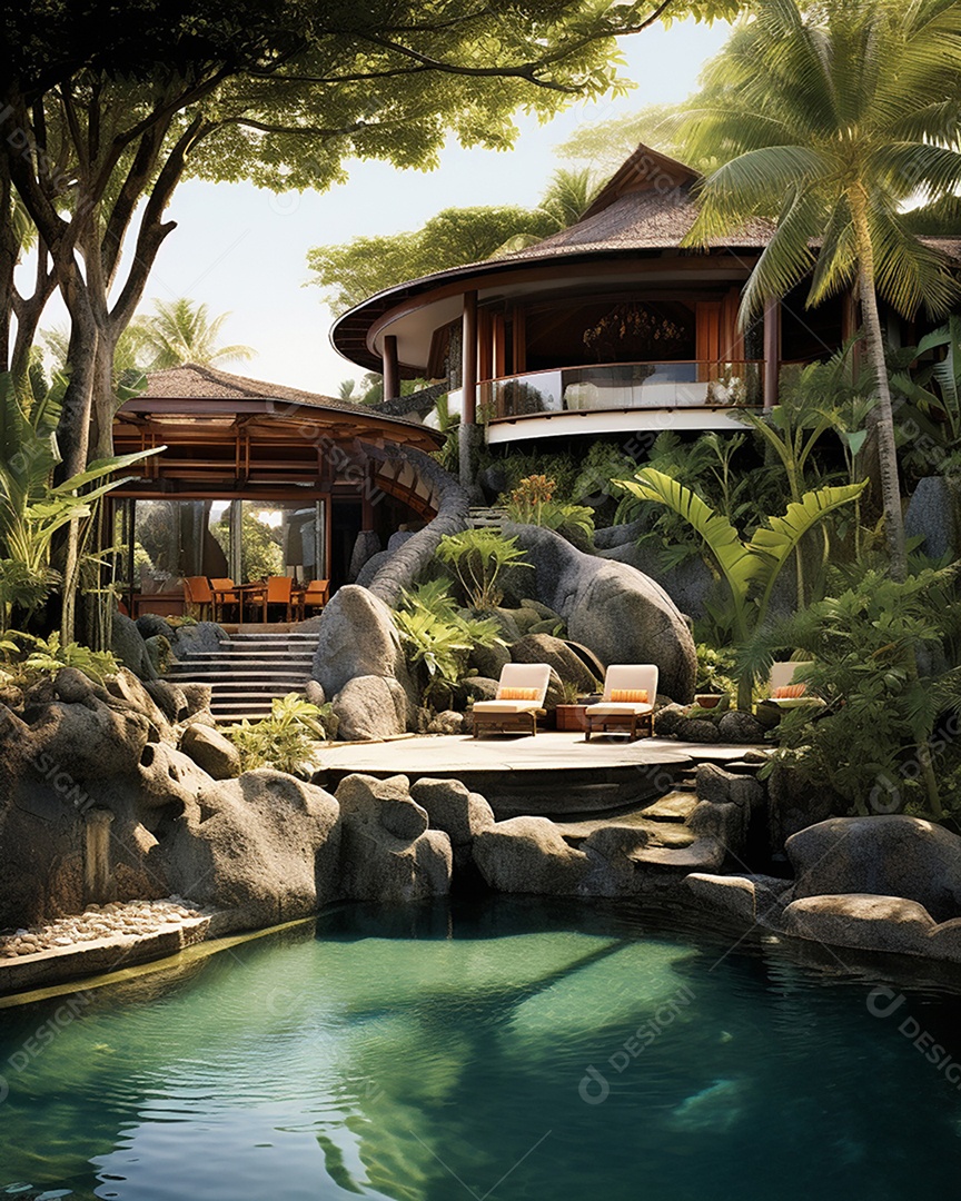 Projeto de casa do arquiteto Ilha Tropical com piscina ao ar livre