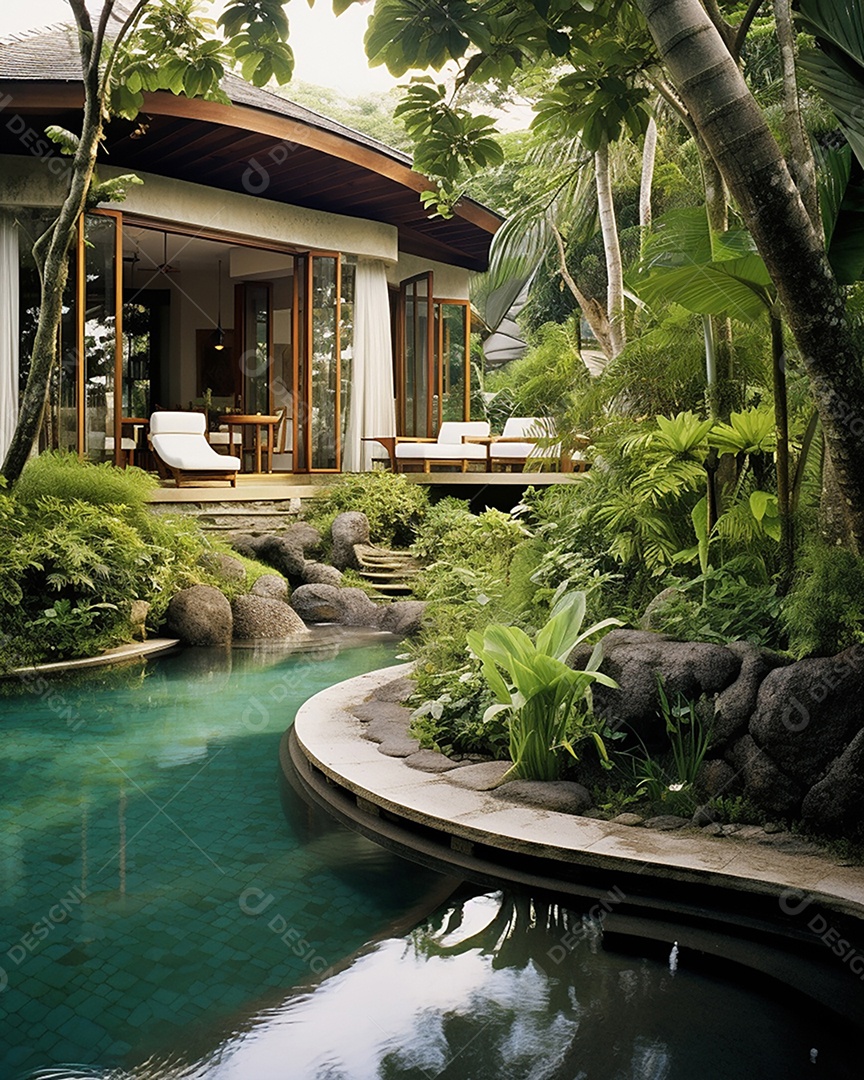 Projeto de casa do arquiteto Ilha Tropical com piscina ao ar livre