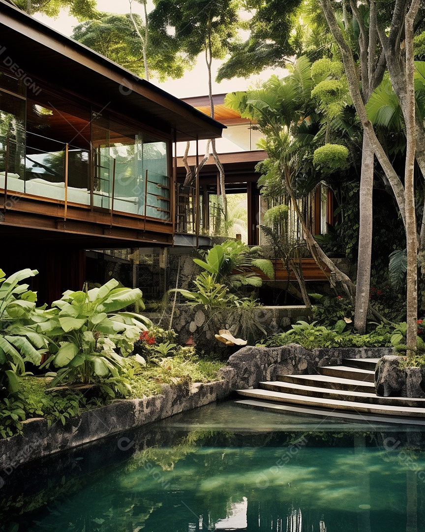 Projeto de casa do arquiteto Ilha Tropical com piscina ao ar livre