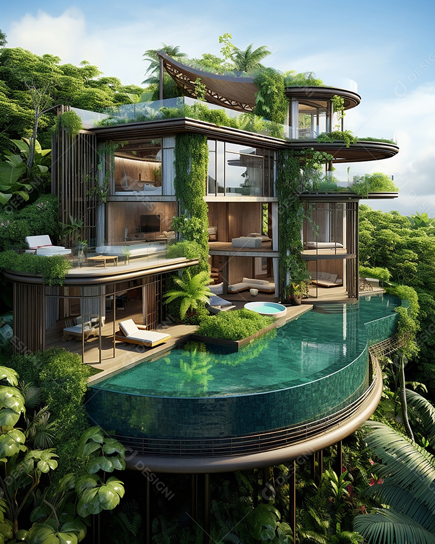 Projeto de casa do arquiteto Ilha Tropical com piscina ao ar livre