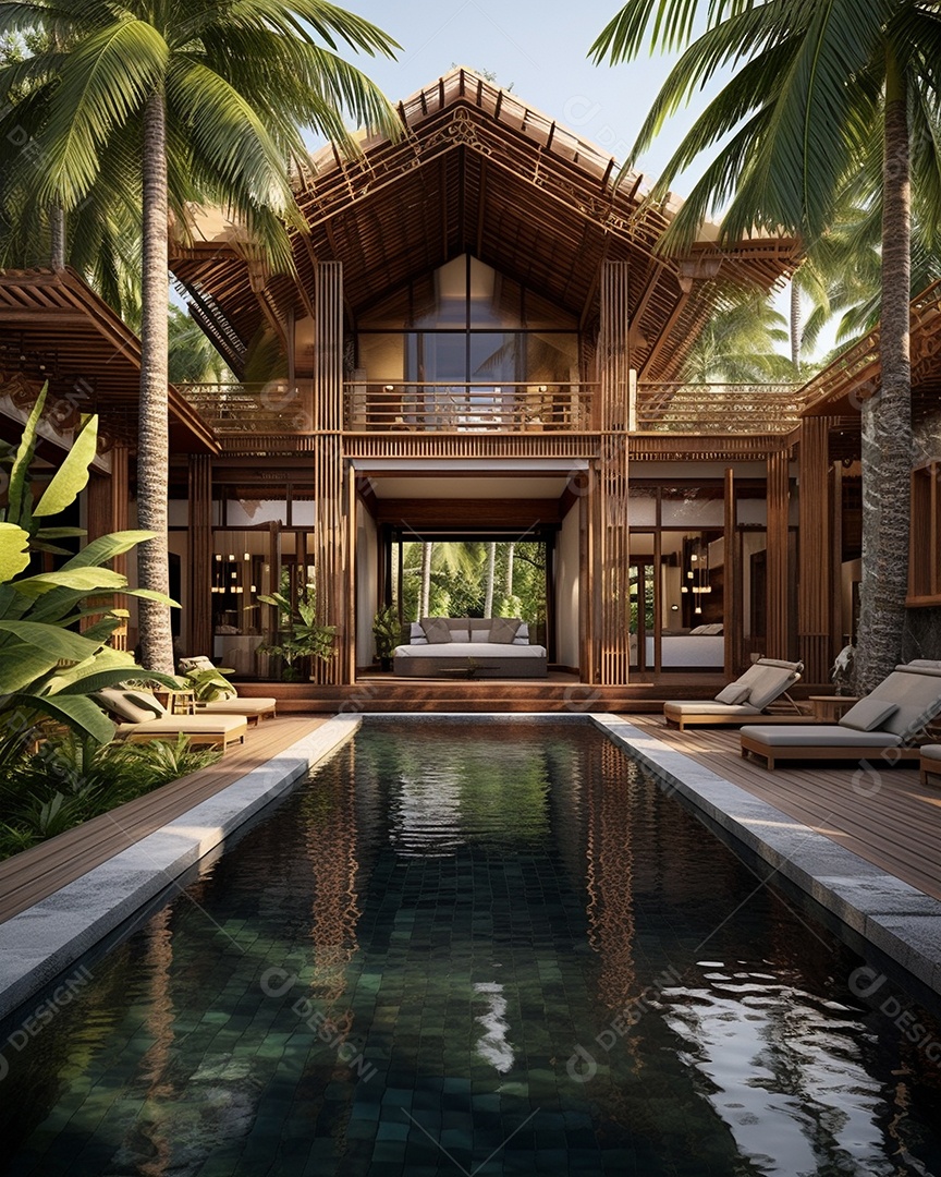 Projeto de casa do arquiteto Ilha Tropical com piscina ao ar livre