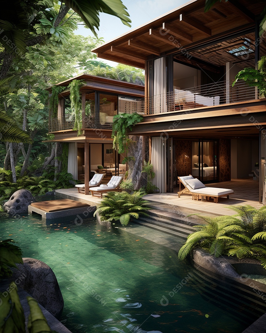 Projeto de casa do arquiteto Ilha Tropical com piscina ao ar livre