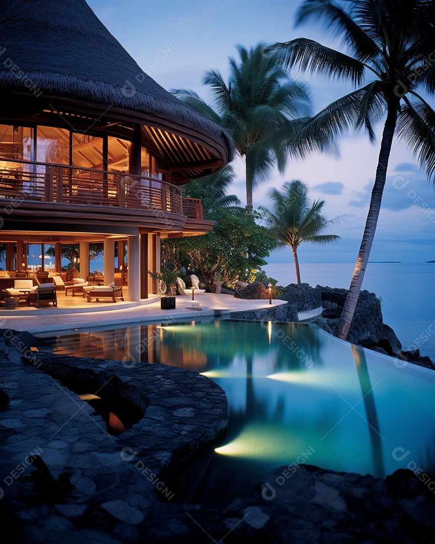 Projeto de casa do arquiteto Ilha Tropical com piscina ao ar livre