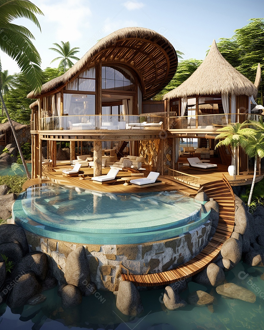 Projeto de casa do arquiteto Ilha Tropical com piscina ao ar livre