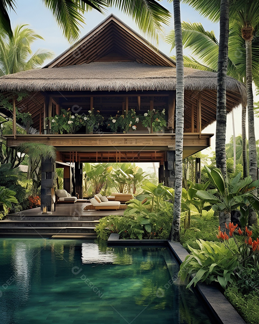 Projeto de casa do arquiteto Ilha Tropical com piscina ao ar livre