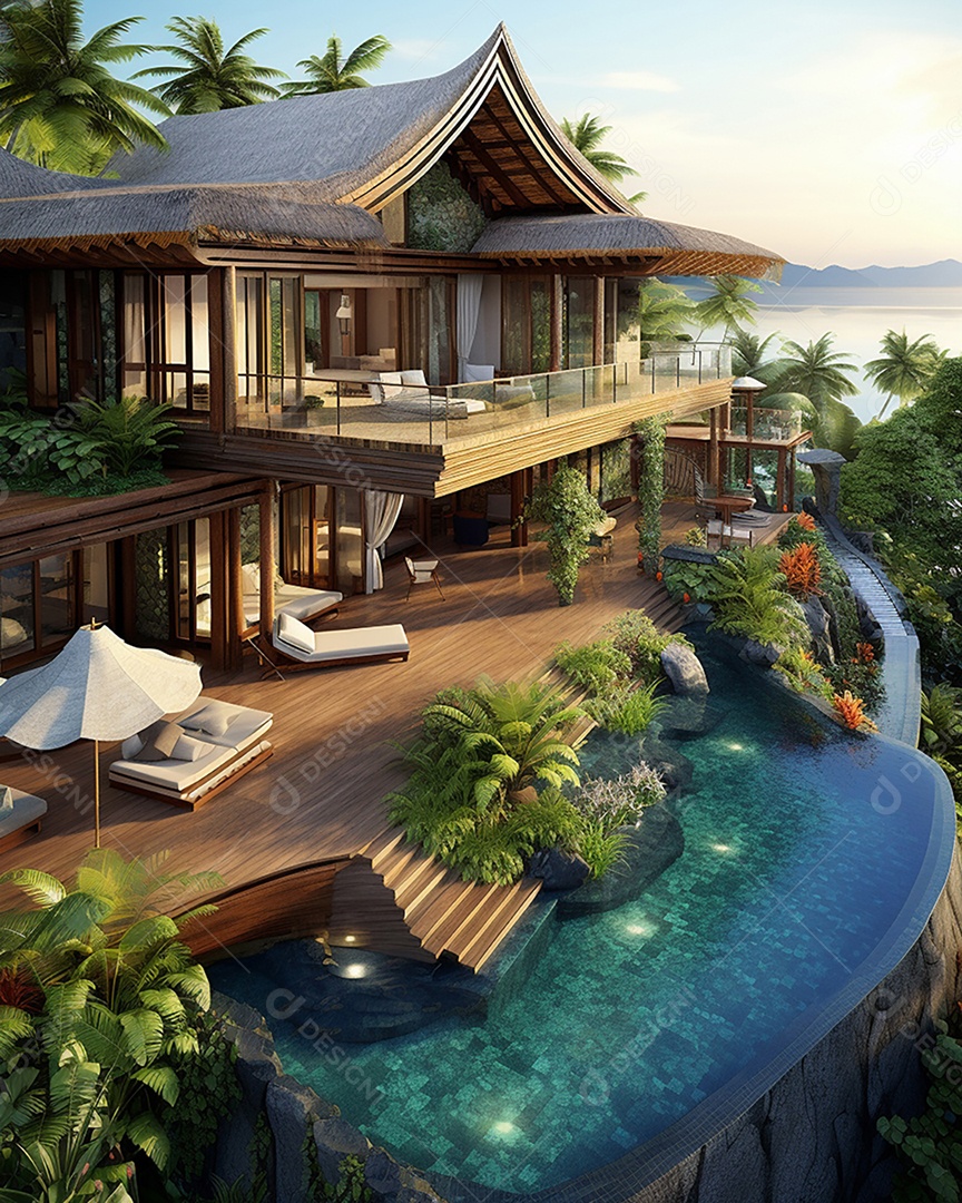 Projeto de casa do arquiteto Ilha Tropical com piscina ao ar livre