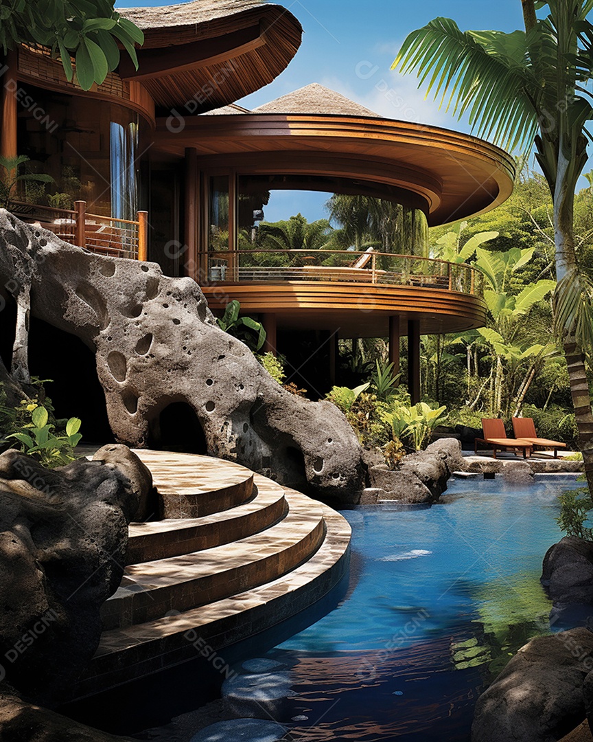 Projeto de casa do arquiteto Ilha Tropical com piscina ao ar livre